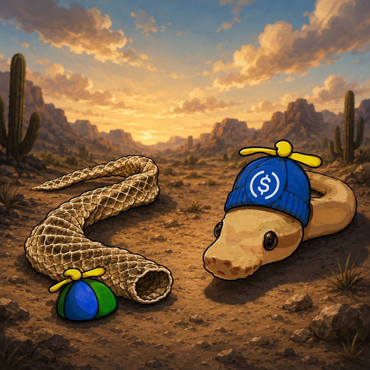 A snake sheds its old skin and old cap, re-emerging in a new blue USDC propeller cap at desert sunset